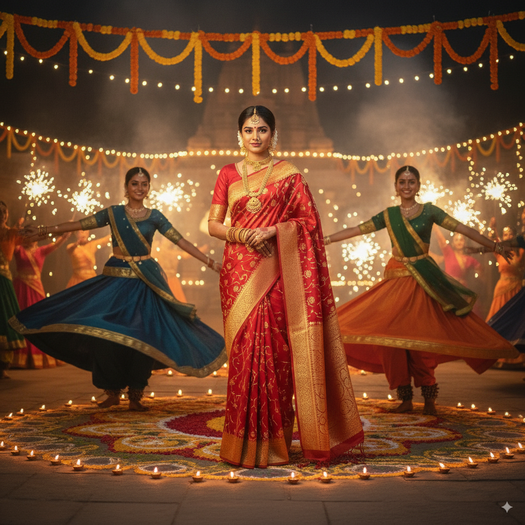 Nano Banana Saree inspired by traditional South Asian festive attire, vibrant red and marigold hues with nanotech thread shimmer, model surrounded by dancers in a Diwali celebration, cinematic warm tones.